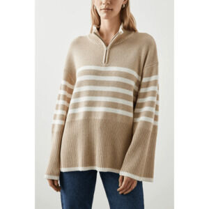 Rails Tessa Womens Sweater Size L Wool 1/4 Zip Ribbed Knit Sand Stripe Preppy